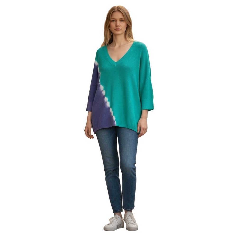 Soft Surroundings Tie Dye V Neck Pullover Sweater‎ Teal Purple 3/4 Sleeve Size M